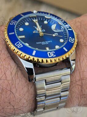 Men's Blue Premium Gold and Silver Stainless Analog Rotatable Round Steel Watch